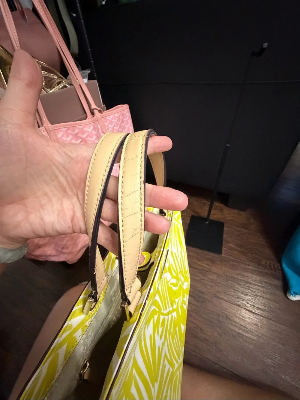 Kate Spade Yellow Palm-Print Tote Bag with Tan Handles